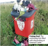  ??  ?? Crying foul The overloaded bin filled with dog fouling, at Greenan Castle