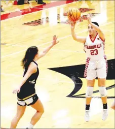  ?? MARK HUMPHREY ENTERPRISE-LEADER ?? Farmington senior Trinity Johnson launches a 3-pointer against Shiloh Christian. Johnson scored 9 points in a 59-53 win over the Lady Saints on Tuesday, Feb. 2, at Cardinal Arena.