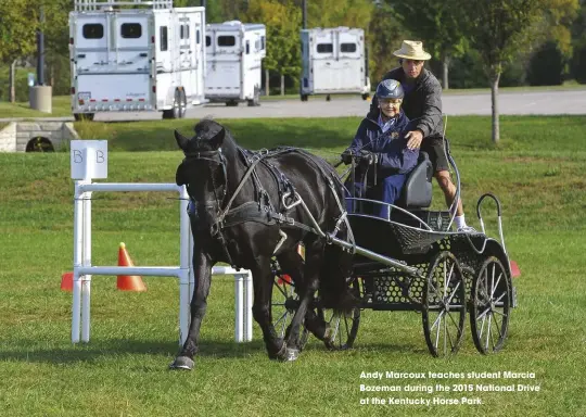  ??  ?? Andy Marcoux teaches student Marcia Bozeman during the 2015 national Drive at the Kentucky Horse Park.