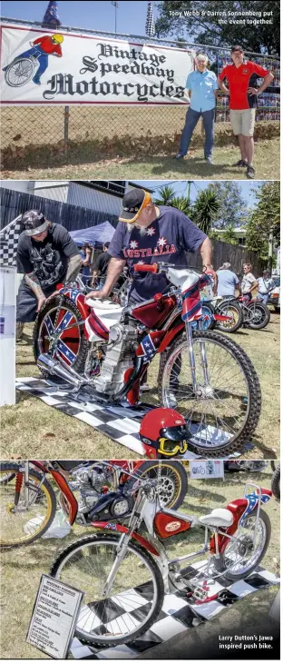  ??  ?? Tony Webb & Darren Sonnenberg put the event together.
Larry Dutton’s Jawa inspired push bike.