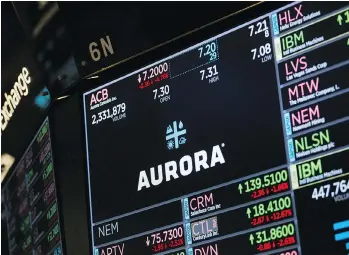  ?? MICHAEL NAGLE/BLOOMBERG ?? Aurora Cannabis Inc. appears on the monitor on the floor of the New York Stock Exchange on Friday. The company will be the first of four marijuana companies to report earnings next week.