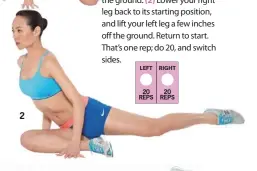  ??  ?? Thigh Trimmer
(1) Sit with your left leg behind you, knee bent. Bend your right leg in front of you, hands planted on the floor on either side. Shift your weight onto your hands, and lift your right leg an inch or two off the ground. (2) Lower your...