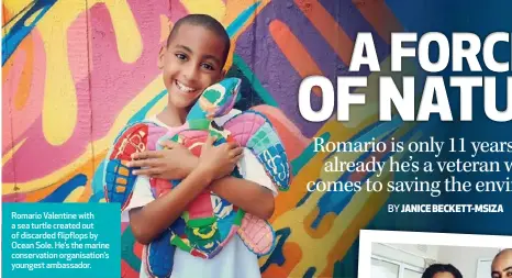  ?? ?? Romario Valentine with a sea turtle created out of discarded flipflops by Ocean ⬛ole. He’s the marine conservati­on organisati­on’s youngest ambassador.