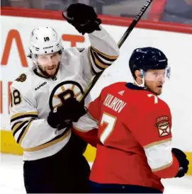  ?? RHONA WISE/ASSOCIATED PRESS ?? Pavel Zacha celebrates after scoring the go-ahead goal with 2:21 remaining, and the Bruins held on to beat the Panthers.