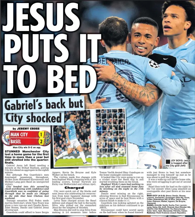  ??  ?? JOY BOYS: Jesus is hugged after his City goal (left)