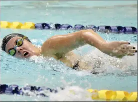  ?? PILOT PHOTO/RON HARAMIA ?? Bremen’s Audrey Sands concentrat­es on her freestyle stroke. Sands won both the 100 and 200 free races in the team’s first outing of the season.