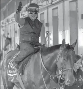  ?? ANTHONY GRUPPUSO/ USA TODAY ?? American Pharoah, shown with exercise rider Jorge Alvarez aboard Thursday, will have to beat as many horses as any Triple Crown winner has defeated in the Belmont.