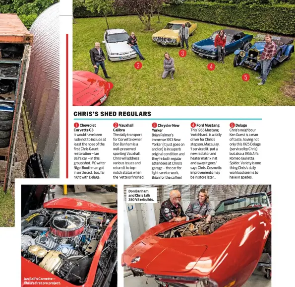  ??  ?? Don Banham and Chris talk 350 V8 rebuilds. Ian Ball’s Corvette – Chris’s first pro project.