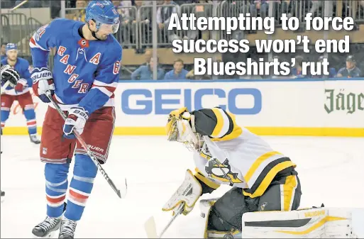  ?? Bill Kostroun ?? CAN’T BREAK THROUGH: Rich Nash, who has scored just one time in 34 shots on goal this season, and the Rangers are trying not to fall into the trap of focusing on not making mistakes instead of playing quality hockey with the team off to a 1-5-2 start.