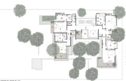  ??  ?? FIRST FLOOR PLAN 1. LIVING ROOM 2. PASSAGE
3. COVERED TERRACE 4. BEDROOM 5. BATHROOM 6. DRESSER
7. POWDER ROOM 8. GREEN TERRACE 9. BALCONY
10. STORE
11. CUTOUT
12. LIFT