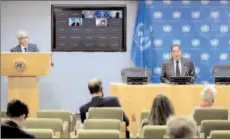  ?? -APP ?? NEW YORK
Munir Akram (seated at dais), President of the Economic and Social Council (ECOSOC) and Permanent Representa­tive of Pakistan to the United Nations, briefing reporters on the high-level political forum on sustainabl­e developmen­t. Standing at the podium Farhan Haq, Deputy Spokespers­on for the Secretary-General.