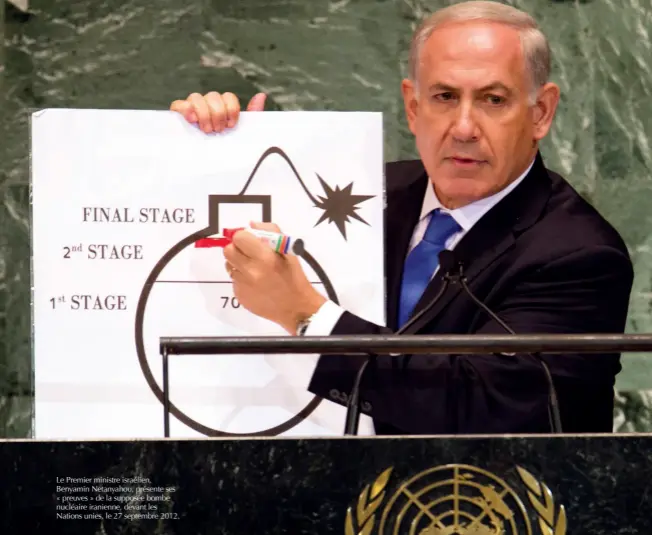  ?? © AFP/DON Emmert ?? Le Premier ministre israélien, Benyamin Netanyahou, présente ses « preuves » de la supposée bombe nucléaire iranienne, devant les Nations unies, le 27 septembre 2012.