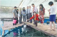  ??  ?? SUSAN (duduk) menunjukka­n saiz ikan yang terdapat di Pusat Penetasan Ikan UMS ketika membuat lawatan bersama delegasi Universiti Wuyi.