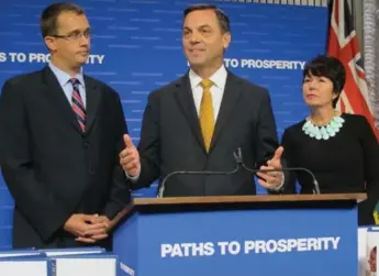  ?? RICHARD J. BRENNAN/TORONTO STAR ?? Ontario political leaders, including Tim Hudak, centre, flanked by MPPs Monte McNaughton, left and Jane McKenna, aren’t implementi­ng policies because they’re too busy “listening,” says Martin Regg Cohn.