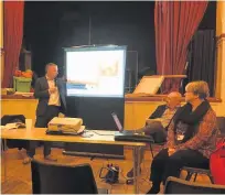  ??  ?? Meeting Hadden’s Stephen Lynus gives presentati­on watched by (left) David Cairns, NHS FV; Mark Griffiths, RSHA, and Morag Farquhar, also NHS FV.