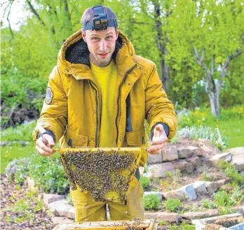  ?? FOTO: DIETER LEDER/DPA ?? Der Imker Marc La Fontaine hat wegen seines insektenfr­eundlich gestaltete­n Grundstück­es Ärger mit der Stadt Karlsruhe. Die Behörden wollen, dass er seine Hügelbeete und Trockenmau­ern zurückbaut.