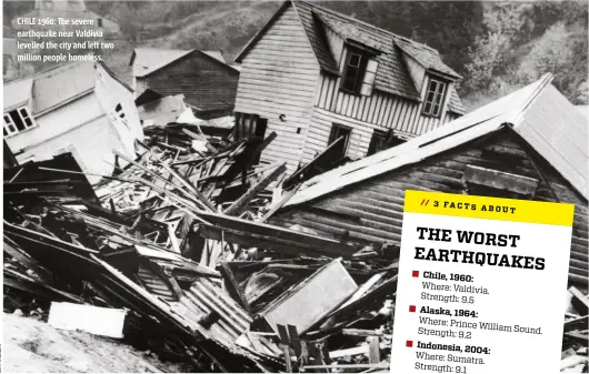  ??  ?? CHILE 1960: The severe earthquake near Valdivia levelled the city and left two million people homeless.