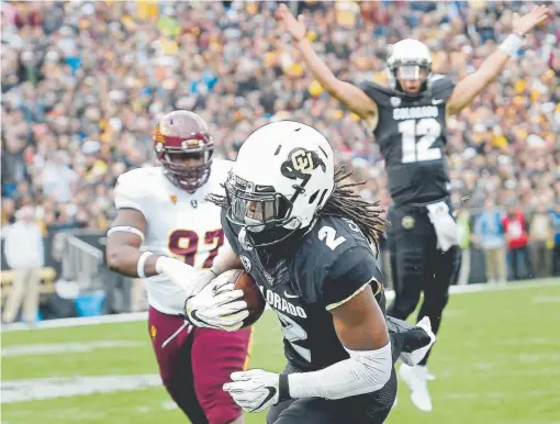 ?? Cliff Grassmick, Daily Camera ?? Colorado’s Laviska Shenault scores his second touchdown of Saturday’s game at Folsom Field as quarterbac­k Steven Montez celebrates and Arizona State defensive lineman Shannon Foreman is left trailing the play. Shenault scored two more TDS in the Buffs’ 2821 victory.