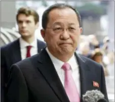  ?? RICHARD DREW — THE ASSOCIATED PRESS ?? North Korea’s Foreign Minister Ri Yong Ho speaks outside the U.N. Plaza Hotel, in New York, Monday.