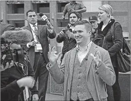  ?? [RALPH BARRERA/AUSTIN AMERICAN-STATESMAN] ?? Richard Spencer, a white nationalis­t, takes a brief tour of Texas A&M campus before a speaking event there in 2016. He says he’ll sue Ohio State and the University of Cincinnati if he’s not allowed to speak at the Ohio schools.