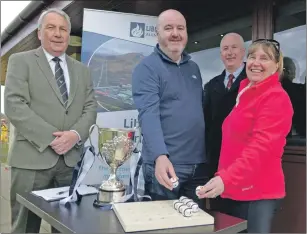  ?? Photograph: Iain Ferguson, The Write Image. ?? The Liberty Aluminium Balliemore Cup second round draw was made last Saturday. Making the draw are, left to right, Keith Loades, president, Camanachd Associatio­n; Tom Uppington, Liberty British Aluminium; Willie MacDonald, youth director, Camanachd Associatio­n, and Rita Caven, Liberty British Aluminium.