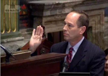  ??  ?? Pennsylvan­ia Senate President Pro Tempore Joseph Scarnati takes the oath of office Nov. 14 to retain his position on an interim basis through Jan. 1. Scarnati has opposed a move to allow victims of decades-old sexual abuse to have their day in court.
