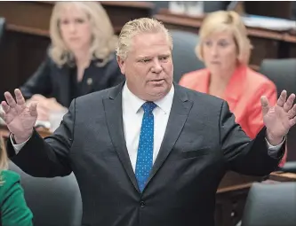  ?? BERNARD WEIL/TORONTO STAR ?? Ontario Premier Doug Ford speaks during question period in Queen's Park on Monday. Ford faced questions over government changes to the province’s sex-education curriculum.