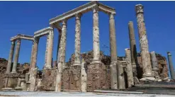  ?? ?? A picture shows a view of fine marble columns lining the theatre stage of the ancient Roman city of Leptis Magna.