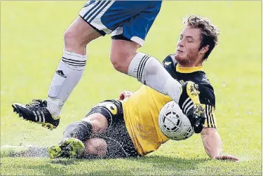  ?? Photo ROBERT CHARLES/FAIRFAX NZ ?? Sliding tackle: Team Taranaki centre midfielder Morgan Hall.
TEAM TARANAKI v PN BOYS’ HIGH SCHOOL 2pm tomorrow Pukekura Park