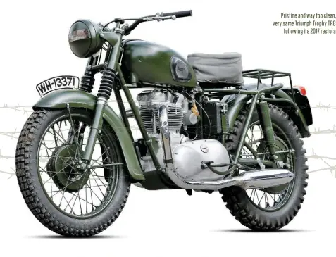  ??  ?? Pristine and way too clean, the very same Triumph Trophy TR6S/S, following its 2017 restoratio­n