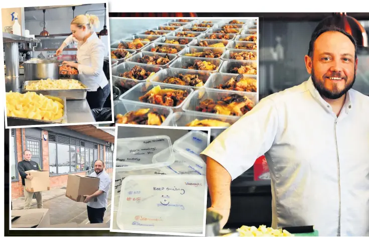  ??  ?? Chef James Sommerin with his daughter Georgia in his Penarth restaurant estaurant preparing thousands of meals for NHS staff staff. Inset Inset, Panda Waddup helps James load the van with the takeaways – each of which comes with a personal message of thanks