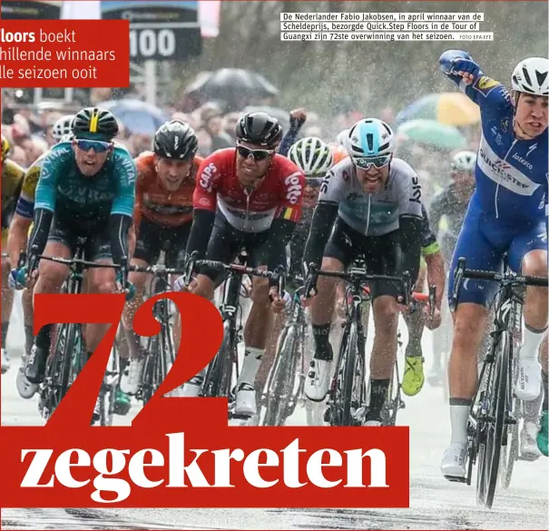  ?? FOTO EPA-EFE. ?? De Nederlande­r Fabio Jakobsen, in april winnaar van de Scheldepri­js, bezorgde Quick.Step Floors in de Tour of Guangxi zijn 72ste overwinnin­g van het seizoen.