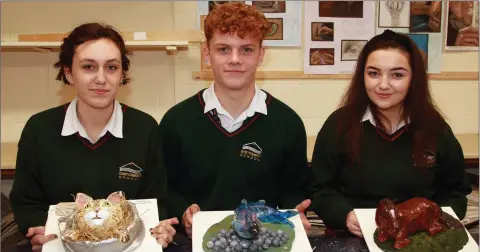  ??  ?? Art students Siamsa Dempsey, Ben Wright and Bronagh Dowling at the Gorey Community School open night.