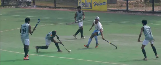  ??  ?? Action from the 46th Nehru junior boys hockey Pool D match between Kollam’s SN Trust Higher Secondary School and Mayo College of Ajmer in New Delhi on Tuesday. The Kollam school won 6-3.