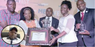  ??  ?? Senior managers at Pote Holdings receive a shield and a trophy on behalf of their boss Mr Antony Clever Pote who was voted Megafest Businessma­n of the Year 2016 from the guest of honour Mrs Nomathemba Ndlovu (second from right) of ZITF and the CEO of...