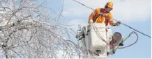  ?? Chris Young/The Canadian Press ?? Hydro One’s Sean Williams works on power lines in Scarboroug­h, Ont.