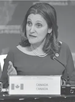  ?? DON MACKINNON / AFP / GETTY IMAGES ?? Minister of Foreign Affairs Chrystia Freeland speaks at Tuesday’s summit in Vancouver convened to address North Korea’s nuclear ambitions.