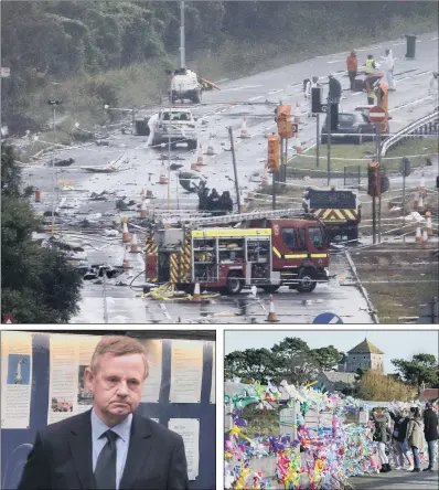  ?? PICTURES: PA WIRE ?? FATAL CRASH: Clockwise from top, the scene of devastatio­n at Shoreham after Andrew Hill’s Hawker Hunter jet exploded onto the A27, killing 11 men; tributes are laid to the victims; Mr Hill yesterday apologised for ‘the part he had played in their deaths’.