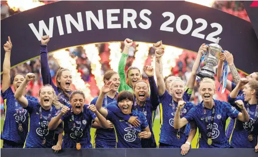  ?? ?? True blue . . . The Chelsea players celebrate after winning the Women’s FA Cup final at Wembley yesterday.
