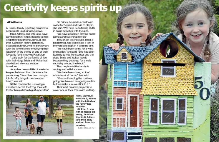  ?? JOHN BISSET/STUFF ?? Right, Sophie, 8, and Evie, 5, Adams with the letterbox the family has modified.
Left, Evie, 5, Jess with 11-month-old Henry, Jared and Sophie, 8, Adams take their daily walk on Saturday morning.