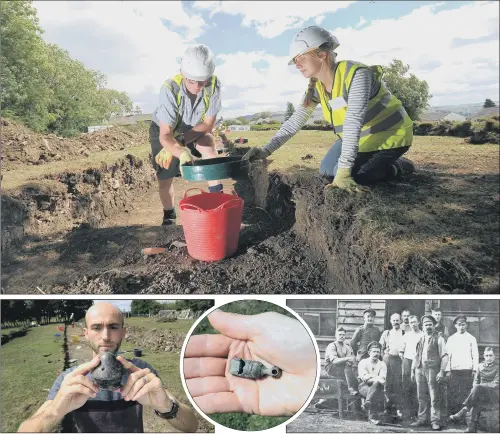  ?? PICTURES: SIMON HULME. ?? RAKING THROUGH PAST: Above, Leah Stead from Upper Wharfedale School and Alan Roberts busy on the dig; left, project officer Rob Freeman with part of a German shell; a trench whistle found on the site; right, Skipton POW camp prisoners pose for the...