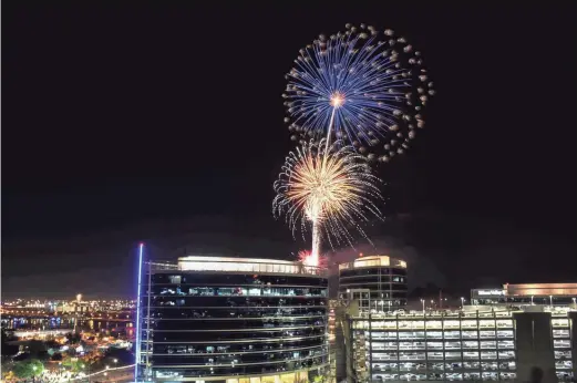  ?? MADELEINE COOK/THE REPUBLIC ?? Fireworks blast above the skyline, viewed from Hayden Butte on July 4, 2019, in Tempe. This year, Tempe has canceled its usual event.