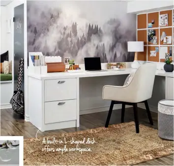 ??  ?? A built- in L - shaped desk offers ample workspace. ABOVE In Jordy’s basement office, a mural depicts a veiled cabin engulfed by alpine fog. The oversized desk and huge bulletin board are a great fit for function-loving Jordy, who likes to spread out...