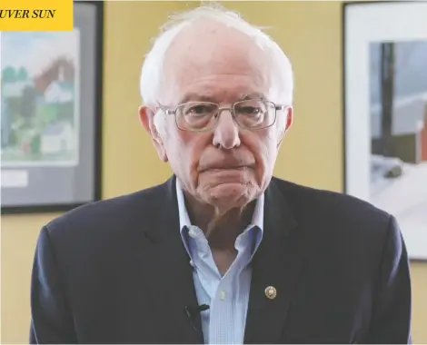  ?? BERNIE SANDERS PRESIDENTI­AL CAMP / AFP VIA GETTY IMAGES ?? Bernie Sanders announced the suspension of his U.S. presidenti­al campaign on Wednesday. Sander’s decision clears the way for rival Joe Biden to become the Democratic nominee and face Donald Trump in the election in November.