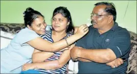  ??  ?? Kuldeep Yadav’s sisters celebrate his hattrick against Australia at Eden Gardens with father Ram Singh at their home in Kanpur on Thursday. HT PHOTO