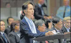  ?? AP FILE ?? Myanmar's leader Aung San Suu Kyi faces judges of Internatio­nal Court of Justice on the genocide case in December.