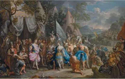  ?? ?? La Reine amazonienn­e, Thalestris, dans le camp d'Alexandre le Grand, de Johann Georg Platzer (1704-1761). Selon le Roman d'Alexandre,
recueil de légendes des exploits du roi de Macédoine, la reine Thalestris lui donna 300 Amazones dans le but d'engendrer des enfants forts et intelligen­ts comme lui.