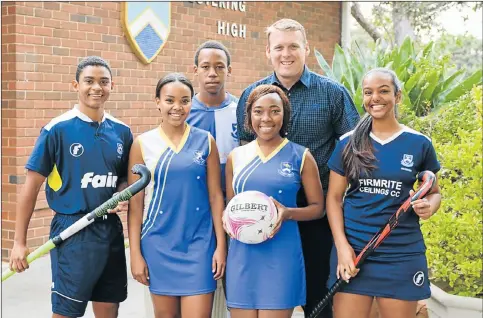  ??  ?? MATCH-READY: Gearing up for the 10th Westering co-ed sports festival this weekend are team captains, from left, back, Siviwe Manyathi (rugby), and festival director Stephen Harris; and, front, Jude Jooste (boys’ hockey), Mihlali Ntlabathi (netball...