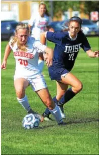  ?? GREGG SLABODA — TRENTONIAN PHOTO ?? Allentown’s Olivia Ricci, left, and Notre Dame’s Alexis Leonard look to control the ball.