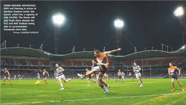  ?? Picture: CAMERON SPENCER ?? HOME-GROUND ADVANTAGE: GWS and Geelong in action at Spotless Stadium earlier this month, which has a capacity of only 24,000. The Giants will play finals there despite the SCG and ANZ Stadium being able to accommodat­e thousands more fans.